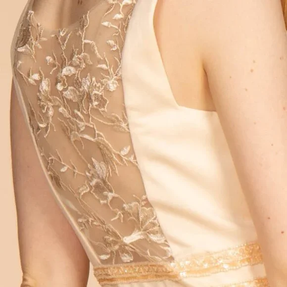 NEW LONG SLEEVELESS A-LINE SATIN DRESS WITH SCOOP NECKLINE AND SHEER BACK GL2531 - Picture 9 of 10